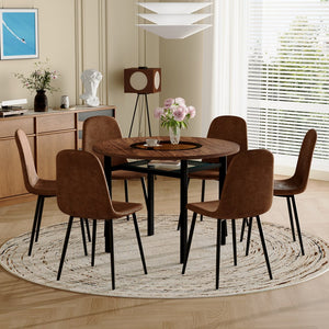 English Elm Table and Chair Set Round 42 Inch Wood Grain Dining with Tempered Glass and 6 Seats W1151S04478
