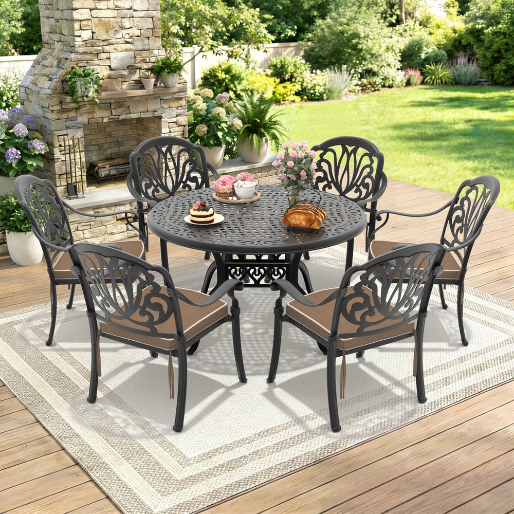 English Elm 7-piece Cast Aluminum Outdoor Dining Set Ornate Floral Patio Furniture Seats Six W1710S00621