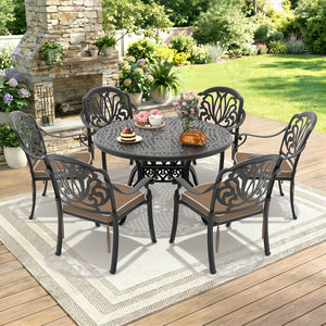 English Elm 7-piece Cast Aluminum Outdoor Dining Set Ornate Floral Patio Furniture Seats Six W1710S00621