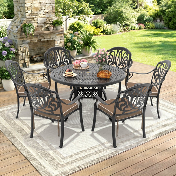 English Elm 7-piece Cast Aluminum Outdoor Dining Set Ornate Floral Patio Furniture Seats Six W1710S00621