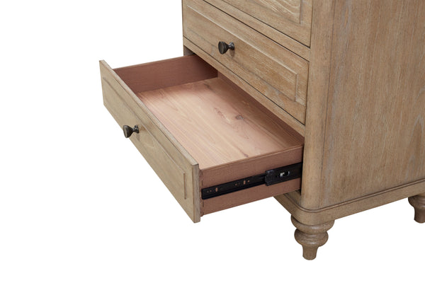 English Elm King Sand 6-Piece Panel Bedroom Set with Cedar/Felt Lined Drawers, USB Nightstand & Cane Accents B2699S00056