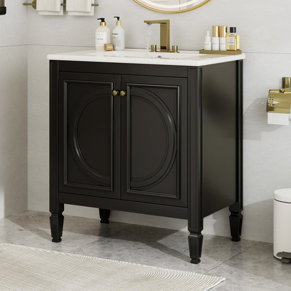 English Elm Christopher Knight Home® - 30" Bathroom Vanity with Sink Vintage Freestanding Ceramic Top Soft-Close Doors Gold Knobs, Storage Black N759P226000B