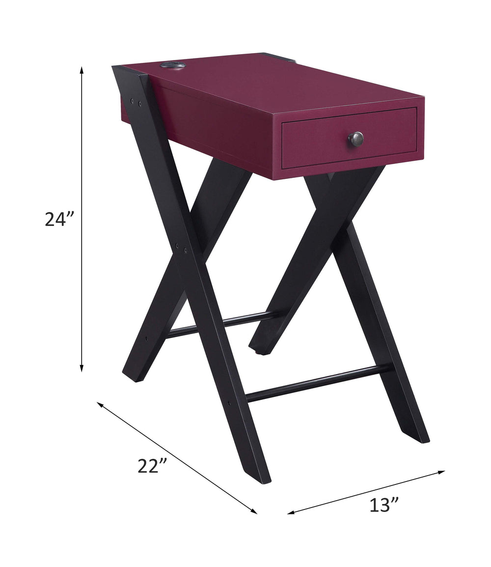 English Elm Fierce Burgundy Accent Table with USB Port, Drawer & Black X-Leg Design for Modern Living Rooms B2726P243238