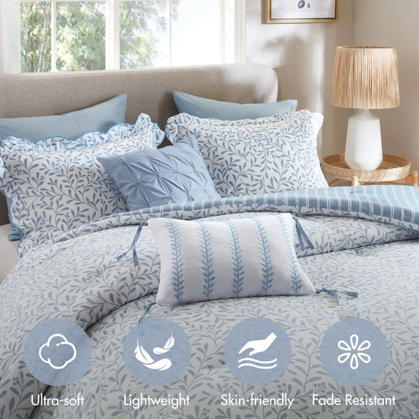 English Elm 5-piece Queen Microfiber Comforter Set Soft Printed Bedding with Decorative Pillows Blue B035P482938