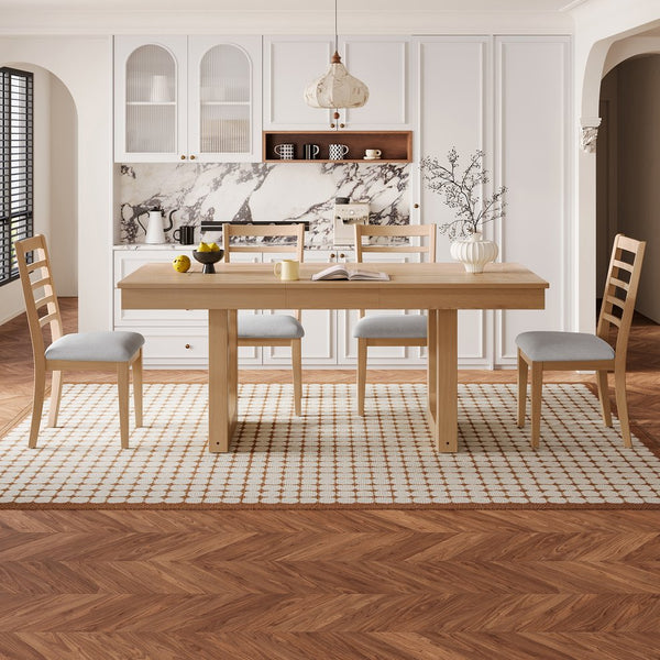 English Elm 5-piece Farmhouse Dining Set Oak Veneer Butterfly Leaf Table Four Upholstered Chairs Natural N752S109000N
