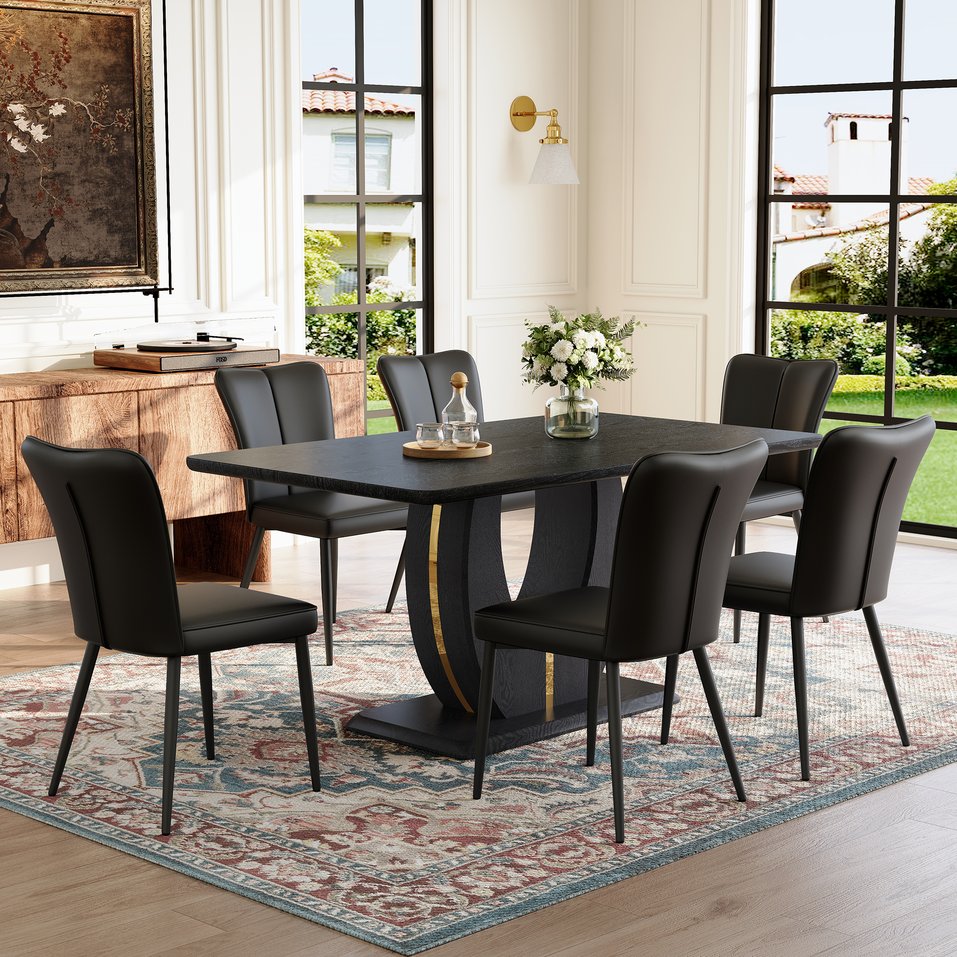 English Elm Black Wood Grain Mdf Dining Table Set Seats Six with Pu Leather Stripe Chairs W1151S04428