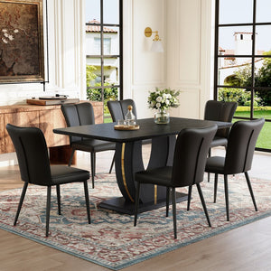 English Elm Black Wood Grain Mdf Dining Table Set Seats Six with Pu Leather Stripe Chairs W1151S04428