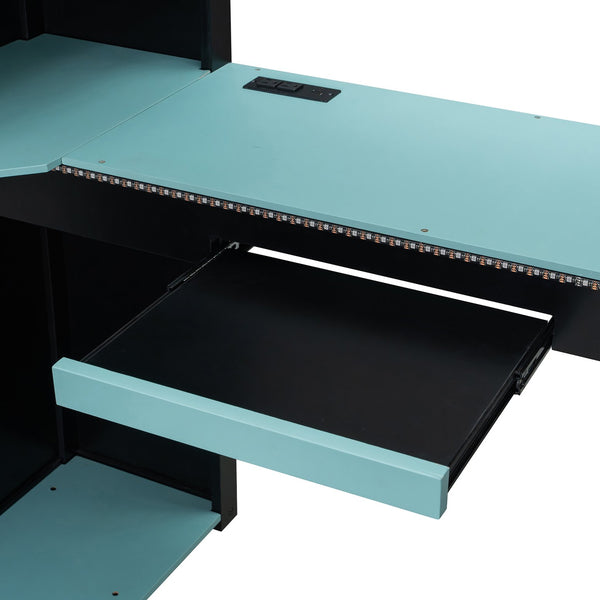 English Elm Full Size Loft Bed with Desk Blackout Curtains Rgb Lighting and Integrated Storage Black+Blue LT000377AAC