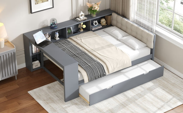 English Elm Wood Twin Platform Bed Linen Headboard Storage Shelves Trundle Charging Station Gray N709P004024E
