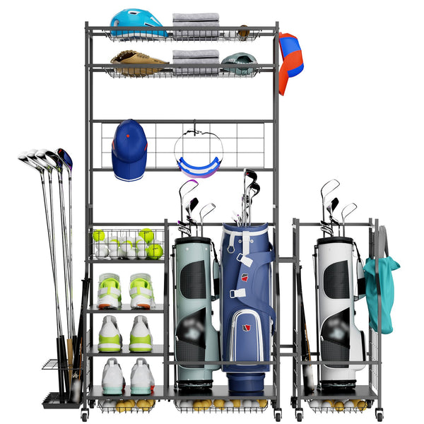 English Elm Golf Bag Vertical Rack Organizer Holds 3 Bags with Club and Accessory Shelves T3210P392618