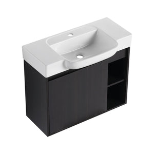 English Elm 28'' Floating Bathroom Vanity with Ceramic Sink Soft Close Door Melamine Cabinet Dark Oak W999P426640