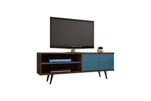 English Elm Liberty 71" TV Stand with Mid-Century Splayed Legs, Wire Management, Drawer & Cubby Storage Brown+Blue B365P398361