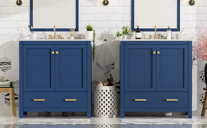 English Elm 60" Blue Double Vanity with Ceramic Sinks, Solid Wood Frame, Divided Drawers & Soft-Close Doors N729P000001C