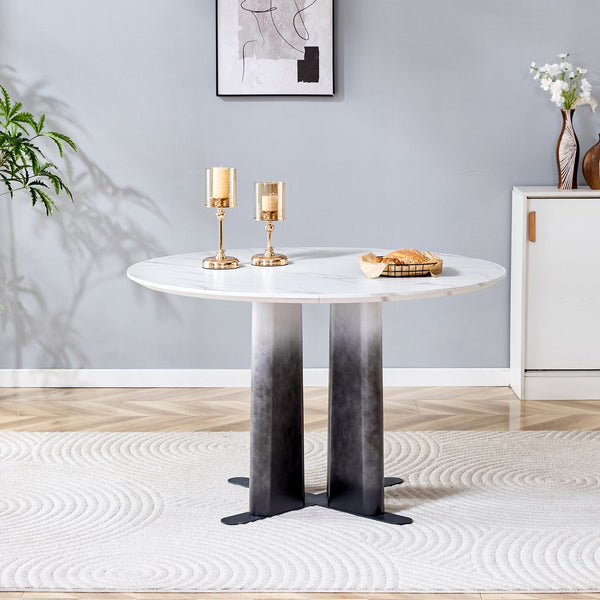 English Elm Round Mdf Dining Table with Gradient Cross Base Compact Modern Seating for Small Spaces White W3875S00028