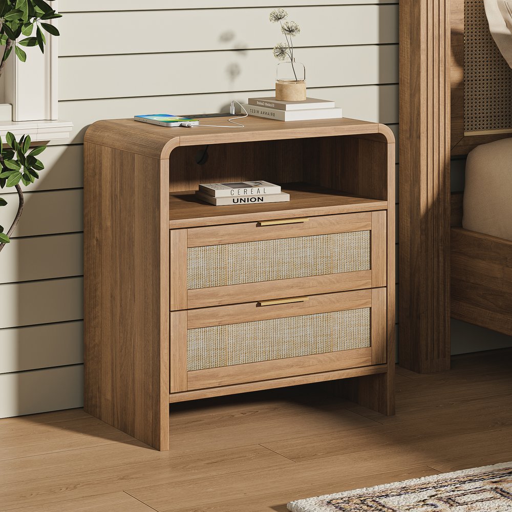 English Elm Rattan Drawer Nightstand Set with Built-in Charging Station and Open Shelf Bedroom Storage Caramel W1820P410556
