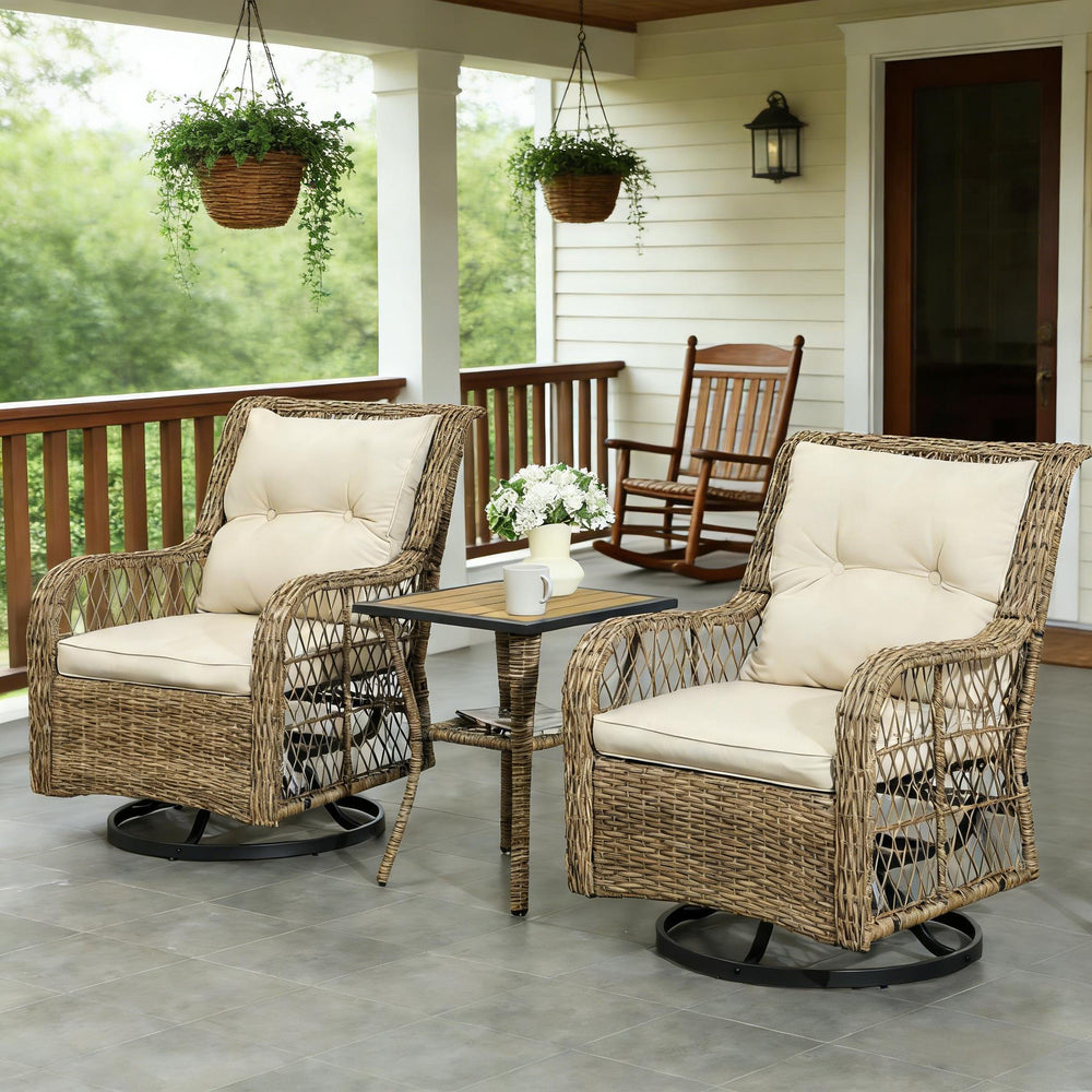 English Elm Wicker Pe Rattan 3 Piece Outdoor Bistro Set with Swivel Glider Chairs for Balcony T3971P446017