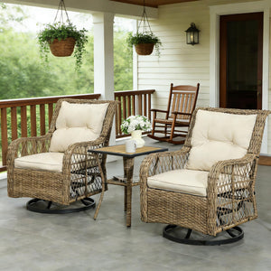 English Elm Wicker Pe Rattan 3 Piece Outdoor Bistro Set with Swivel Glider Chairs for Balcony T3971P446017
