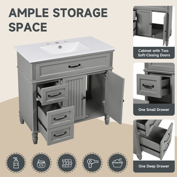 English Elm Christopher Knight Home® - 36" Bathroom Vanity with Sink - Freestanding Ceramic Top, Soft-Close Doors & Drawers, Robust Craftsmanship Grey N759P340019E