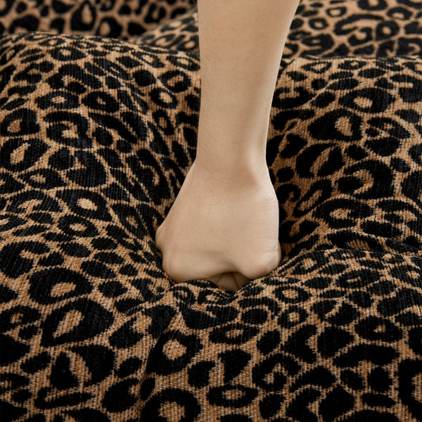 English Elm Comfy Chenille Leopard Print Loveseat with Tassel Trim and Movable Ottoman Modules Brown W5656S00012