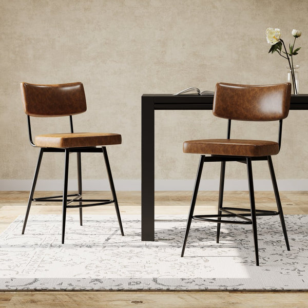 English Elm Christopher Knight Home® - 26''Retro Curved Back Swivel Counter Stools Set of 2 with Bowknot Footrest Smooth PU Leather Comfort Brown PU N780P199991B