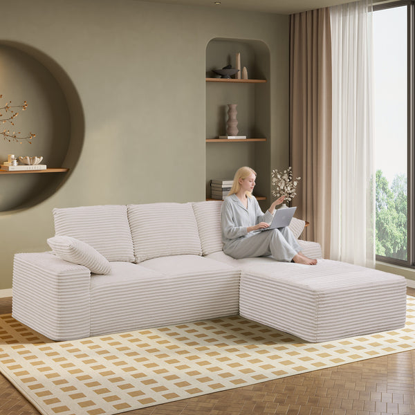 English Elm 103.5" Cloud Sectional Couch with L-Shape Chaise - No Assembly Modular Sofa, Plush Corduroy, Deep Seat Comfort Off White T3801S00005