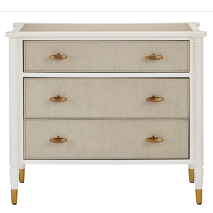 Aster Three-Drawer Chest in Off-White & Fog with Polished Brass Pulls | Elegant Winterthur Design