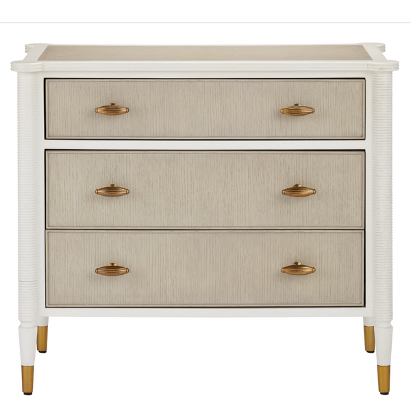 Aster Three-Drawer Chest in Off-White & Fog with Polished Brass Pulls | Elegant Winterthur Design