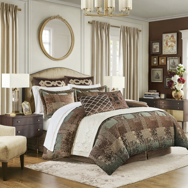 English Elm 4 Piece Red Comforter Set - Luxurious Queen Bed Ensemble With Rich Patchwork & Elegant Textures B035128750