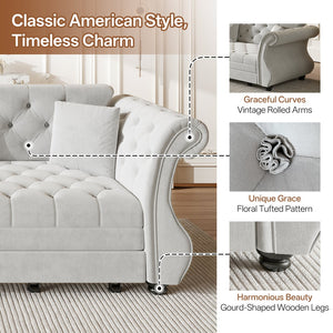 English Elm 97.6" Oversized Velvet Chesterfield Sleeper Sofa Floral Tufted Roll Arm Living Room Couch Light Grey W1885S00398