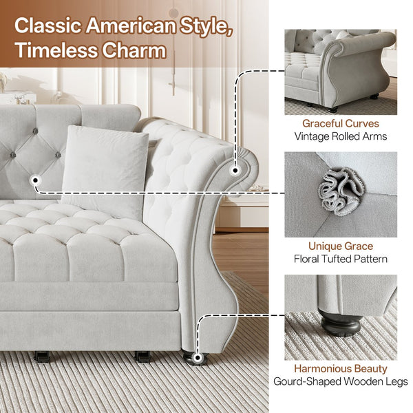 English Elm 97.6" Oversized Velvet Chesterfield Sleeper Sofa Floral Tufted Roll Arm Living Room Couch Light Grey W1885S00398