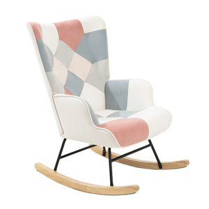 English Elm Rocking Chair With Ottoman - Mid-Century Patchwork Linen, Cozy Wood Legs For Living Room, Bedroom Use W561P175989-GIGA
