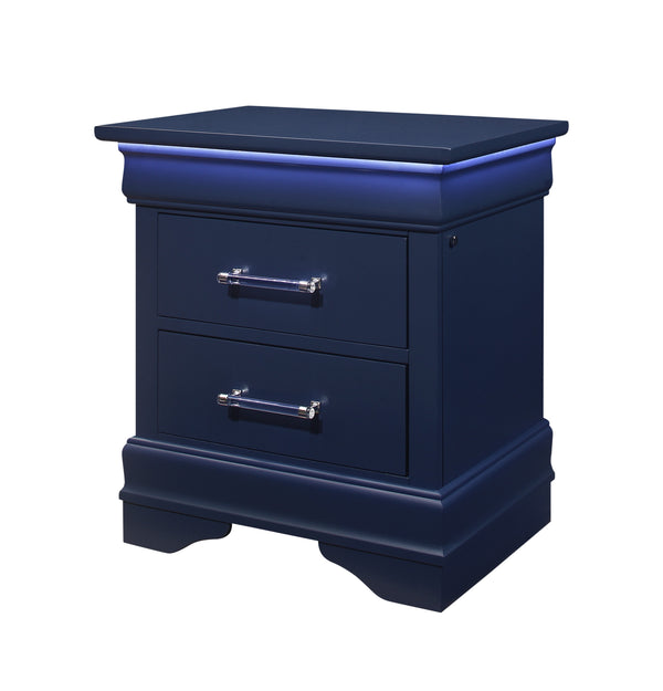 English Elm CHARLSTON Solid Wood Nightstand with LED Lighting, Transitional 2-Drawer Design, Metal Hardware Finish Blue 29 L x 22 W x 22 H B201P215706
