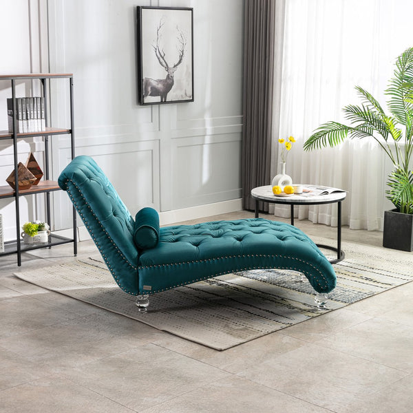 English Elm Velvet Curved Chaise Lounge Sofa with Button-Tufted Upholstery, Foam Seat, Acrylic Legs, Stylish Relaxation Teal W39538678