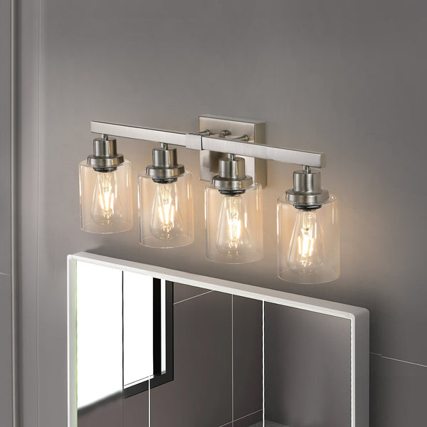 English Elm 24" Modern 4-Light Vanity Wall Sconce with Clear Glass Shades, Iron Frame, Hardwired Bath Lighting Fixture Brushed Nickel W1340P206668