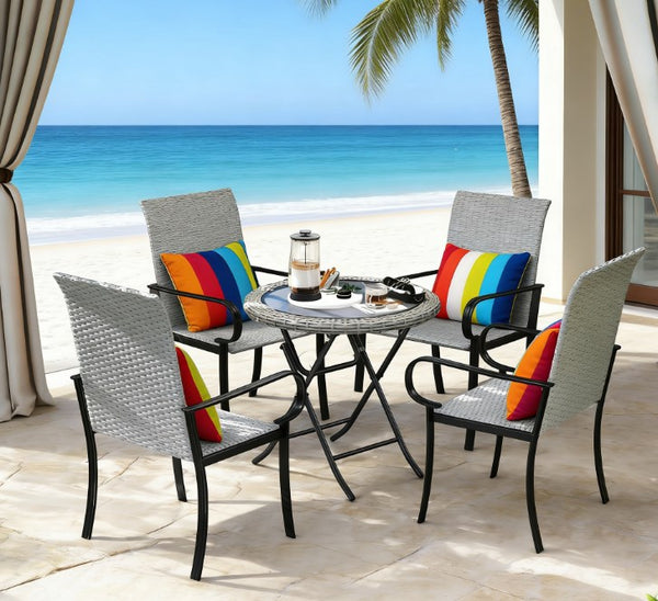 English Elm Set of 4 Pe Rattan High Back Arm Dining Chairs Powder Coated Steel Outdoor Use T3971P429453