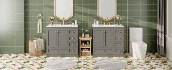 English Elm 72 Shaker Bathroom Vanity 72" Double-Sink Freestanding with Ceramic Basin, Soft-Close Drawers & Doors Grey N729P000010E