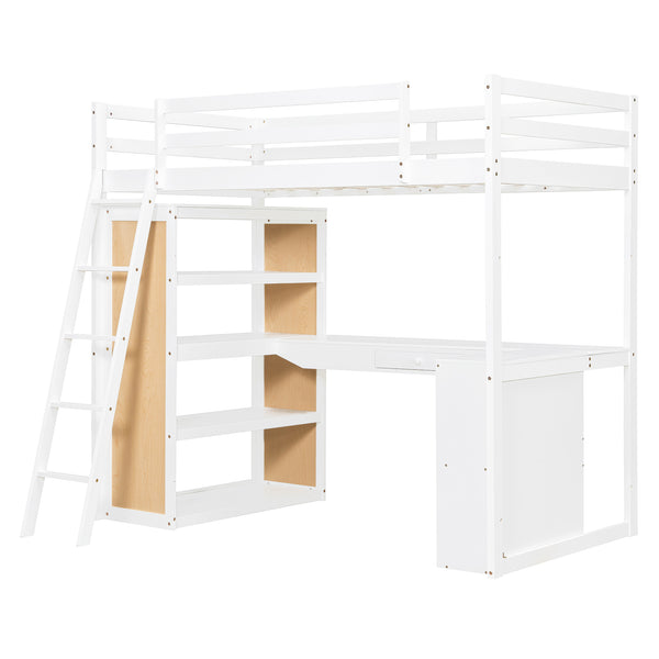 English Elm Twin Loft Bed with Built-in Desk Shelves and Drawer White Pine Study Zone LT100225AAK-1