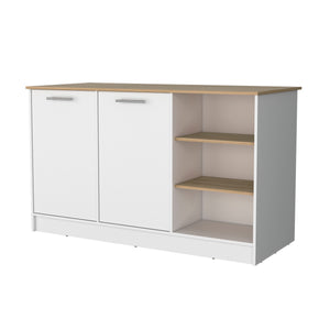 English Elm Gladiolus modern melamine kitchen island with 2 doors, 3 open shelves for organized prep and storage B128S00006