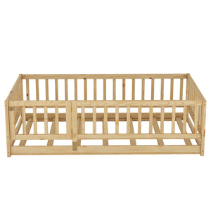 English Elm Twin Oak Montessori Floor Bed with Fence & Door, Twin Slatted Pine Frame, Low Profile for Kids (Natural) W1820P349300