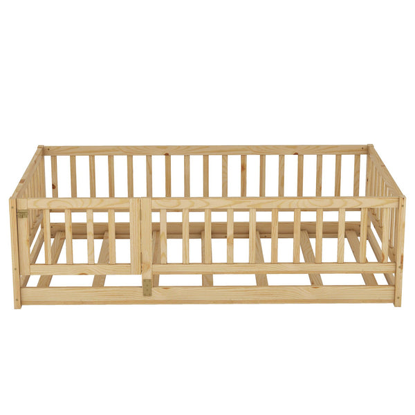 English Elm Twin Oak Montessori Floor Bed with Fence & Door, Twin Slatted Pine Frame, Low Profile for Kids (Natural) W1820P349300