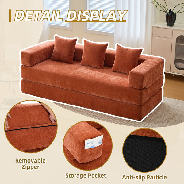 English Elm UNITED Folding Sofa Bed with Removable Cover Zipper, Chenille Memory Foam Sleeper for Small Spaces Orange W1568P293805