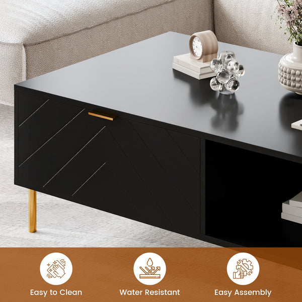 English Elm Mid-century Modern Coffee Table with Dual Drawers Tapered Legs and Open Storage Shelf Black T3609P482850