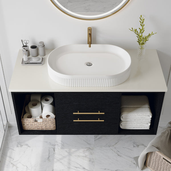 English Elm 39.4 Inch Floating Bathroom Vanity Sintered Stone Top Solid Wood 2 Soft Close Drawers W3136S00076