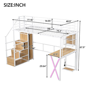 English Elm Twin Metal Loft Bed with Desk, Wardrobe & LED Lighting — Space-Saving Twin Loft with Storage Staircase GX000662AAK