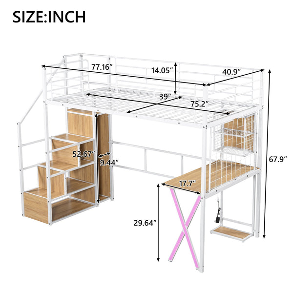 English Elm Twin Metal Loft Bed with Desk, Wardrobe & LED Lighting — Space-Saving Twin Loft with Storage Staircase GX000662AAK
