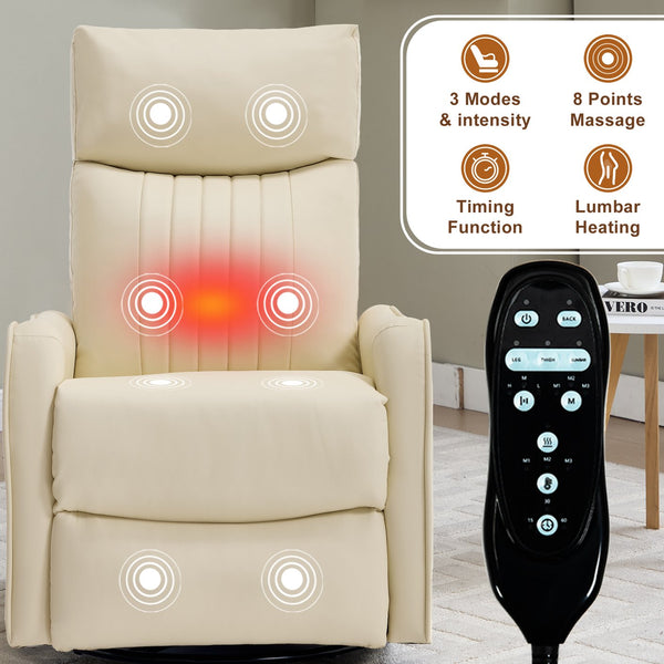 English Elm Beige Fabric Swivel Rocker Recliner with Massage Nodes and Lumbar Heat for Living Room Beige W1803P363430