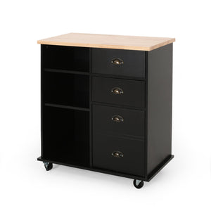 English Elm Christopher Knight Home® - Kitchen Island Cart with Rubberwood Top, Rolling Storage Cabinet with Drawers & Locking Casters Black 67757.00NATBLK