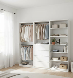 English Elm Prosper Freestanding White Walk-In Wood Closet System — Modular Oak Finish, Durable Melamine Storage, Easy Assembly B040S00139