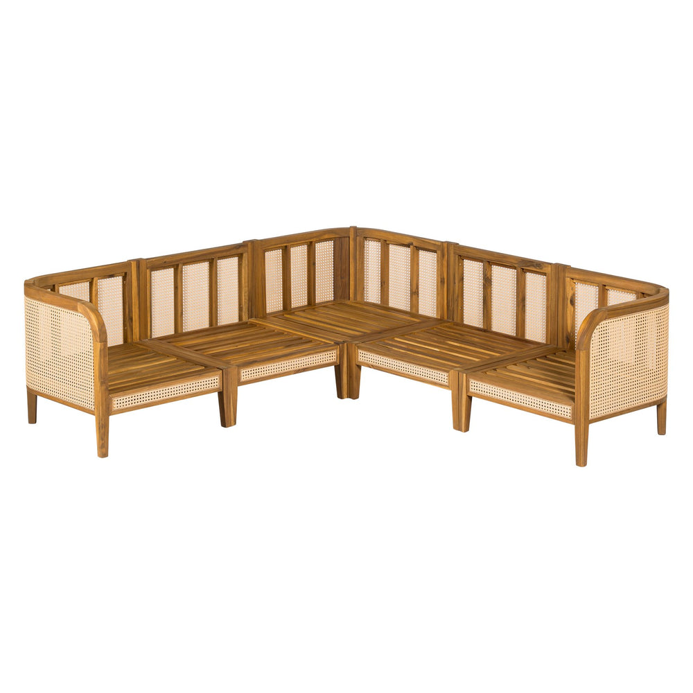 English Elm Kirkby Acacia Wood Outdoor Sectional V Shape Woven Cane 5 Seat Patio Sofa Set KIRKBY5SEATER SOFA