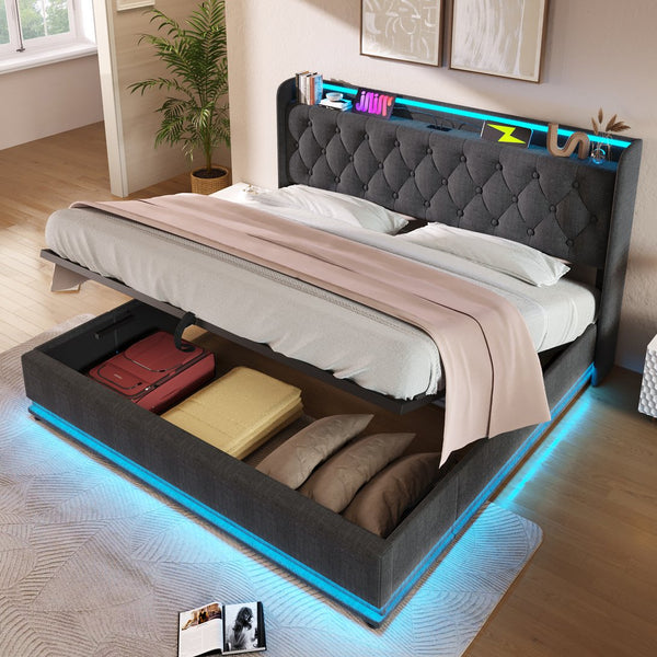 English Elm King Upholstered Bed with Surround LED, App/Remote Control, Hydraulic Storage, USB Type-C Charging Gray N736P188808G
